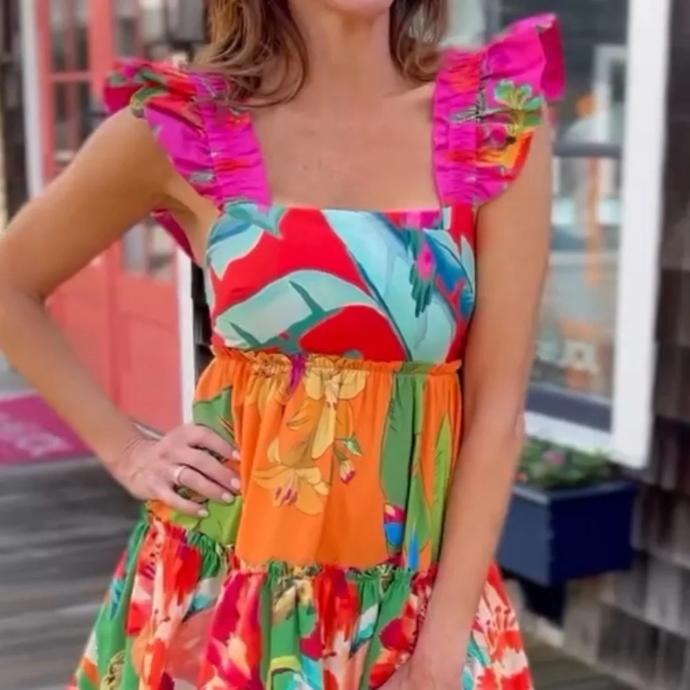 FARMRIO Foliage Mix Mini Dress Tropical Floral Ruffle Sleeve Tucan Cotton Size L - Picture 3 of 9